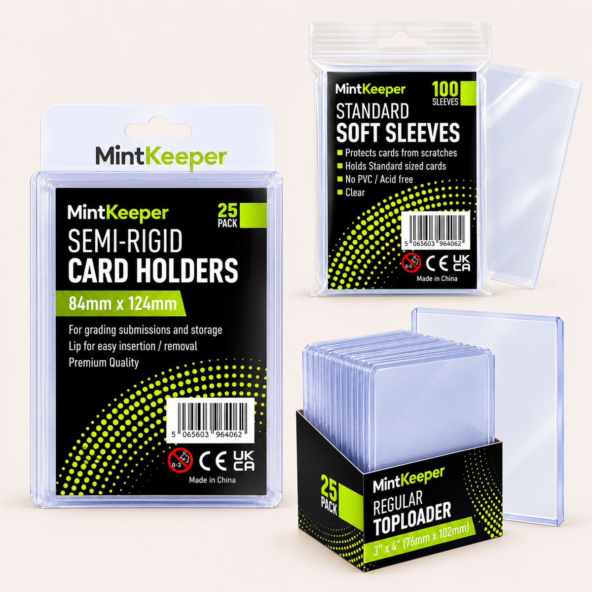 MintKeeper Starter Set | Soft Sleeves (100) | Toploaders (25) | Semi Ridgid (25) | For Pokemon, One Piece, Disney, YuGiOh, MTG + Trading Card Games